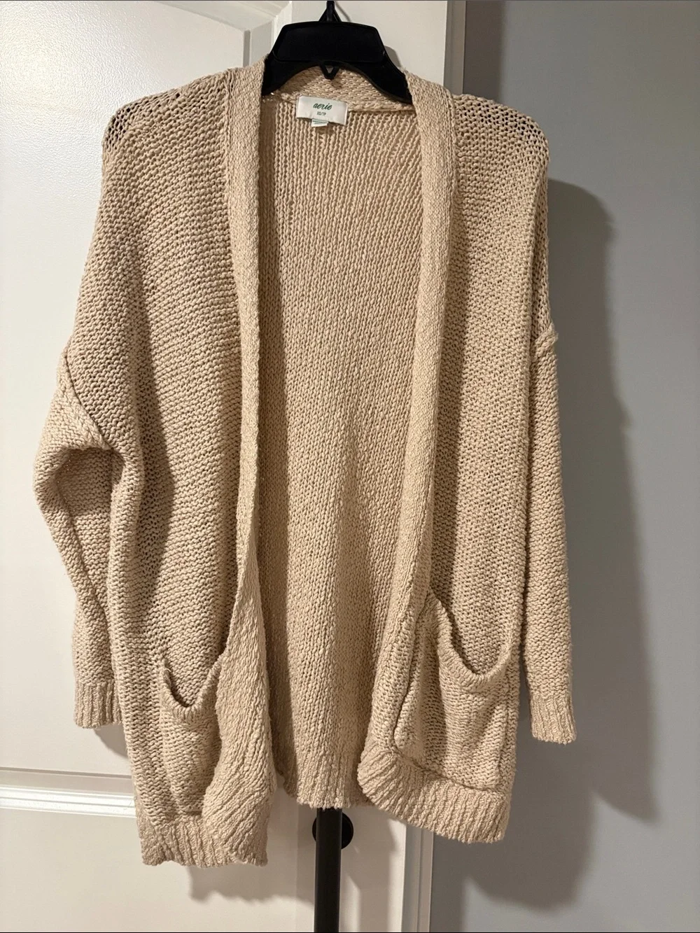 aerie Light Beige Open-Front Pocket Knit Cardigan - Picture 1 of 5